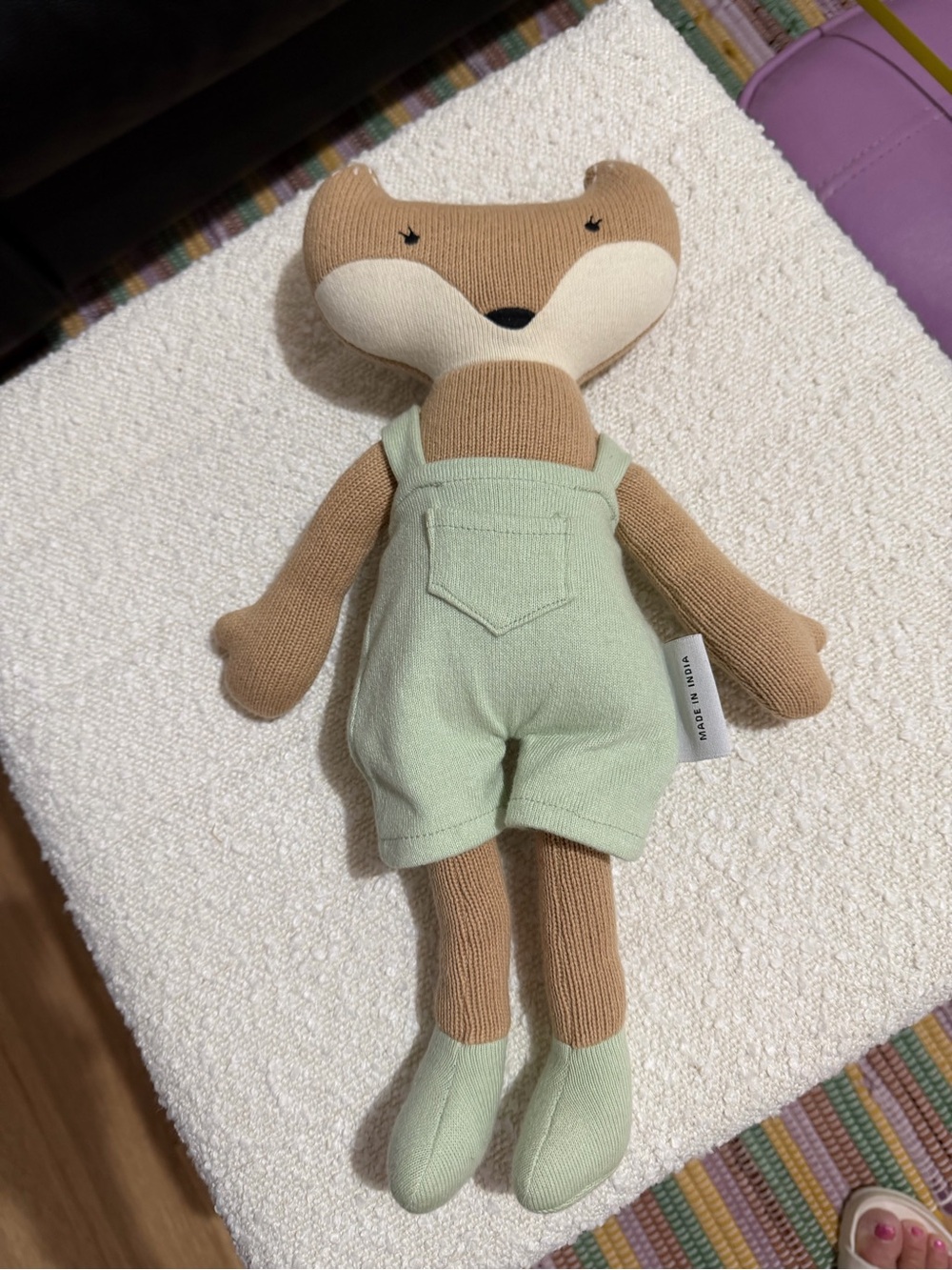 Handmade Fox Plush Toy in Mint Overalls